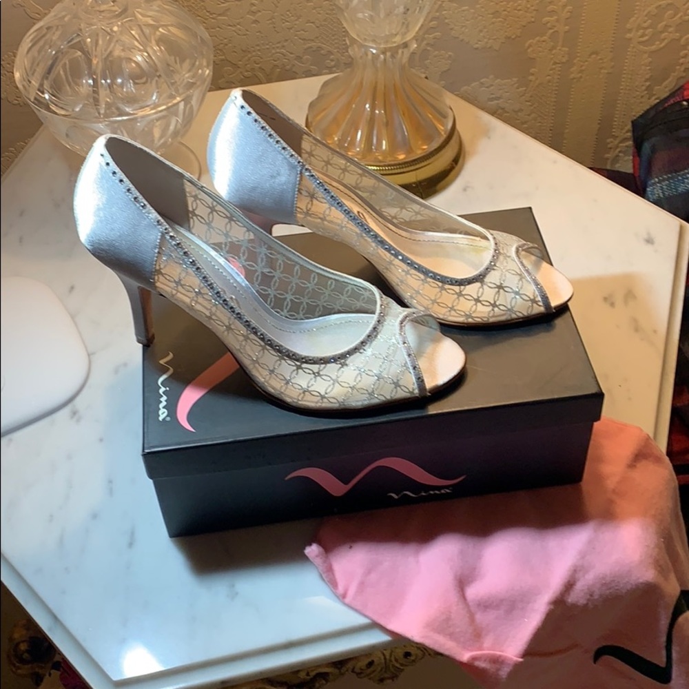 Nina Fi Silver Satin Glitter Studded Formal Shoe